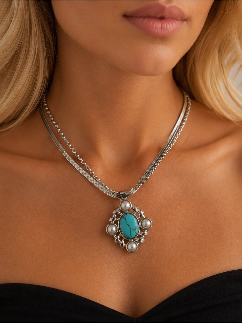 AKIRA Silver Turquoise Faux Pearl Statement Necklace NWT